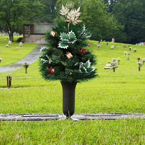 Product: Sympathy Silks Artificial Cemetery Flowers - Gravesite Flowers - Gold Topper Christmas Tree w Holly and Presents - (1) Tree (1) Cemetery Vase