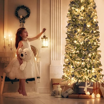 Product: 6FT Prelit Pencil Christmas Tree Artificial Snow Flocked Slim Skinny Christmas Trees with 250 LED Warm White Lights for Christmas Indoor Outdoor Decoration