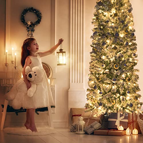 Product: 6FT Prelit Pencil Christmas Tree Artificial Snow Flocked Slim Skinny Christmas Trees with 250 LED Warm White Lights for Christmas Indoor Outdoor Decoration
