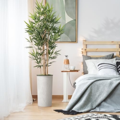Product: Artificial Tree in White Marble Effect Planter, Fake Bamboo Silk Tree for Indoor and Outdoor Home Decoration - 70" Overall Tall (Plant Pot Plus Tree)