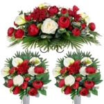 Product: HENOMO Cemetery Flower Saddles for Grave, Artificial Silk Flower Arrangement for Headstones, Tombstone Memorial Bouquet Including Vase - Red Camellia & White Rose Mix Graveside Decorations