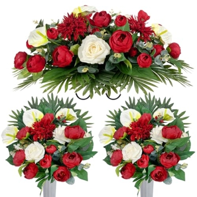 Product: HENOMO Cemetery Flower Saddles for Grave, Artificial Silk Flower Arrangement for Headstones, Tombstone Memorial Bouquet Including Vase - Red Camellia & White Rose Mix Graveside Decorations