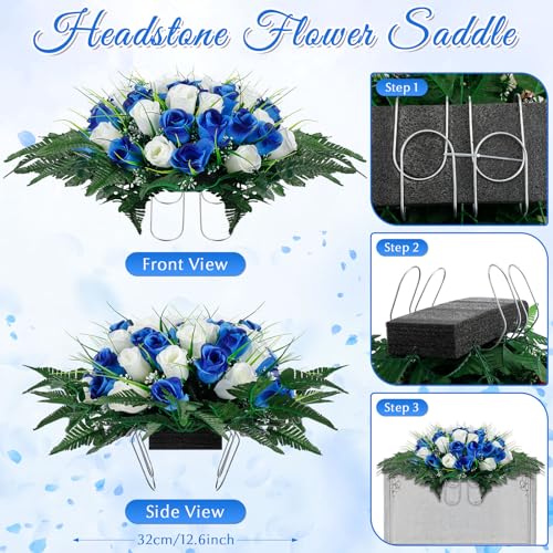 Product: XunYee 3 Pcs Artificial Cemetery Flower Set Cemetery Flowers Saddle Flowers Rose Bouquets with Vase 1 Saddle and 2 Memorial Bouquets for Outdoor Headstone Decor Grave(Blue, White)