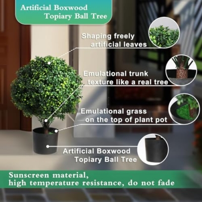 Product: Artificial Boxwood Topiary Ball Tree Outdoor Porch Trees Set of 2 22'' T * 15'' D, Faux Boxwood Plants Outdoor Home Garden Christmas Decorations for Home Porch (White)