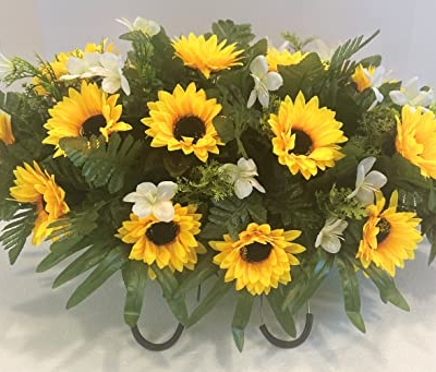 Product: Cemetery Headstone Saddle Arrangement with Yellow Sunflowers and White Daisies-Grave Decoration