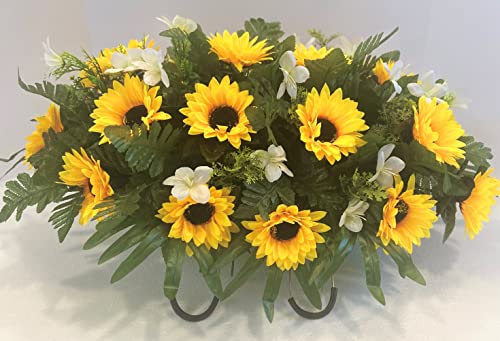 Product: Cemetery Headstone Saddle Arrangement with Yellow Sunflowers and White Daisies-Grave Decoration