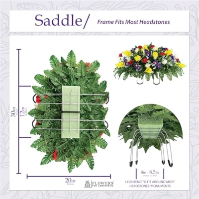 Product: Sympathy Silks Artificial Cemetery Flowers – Realistic Wildflower Outdoor Grave Decorations - Yellow Red Wildflower Saddle for Headstone