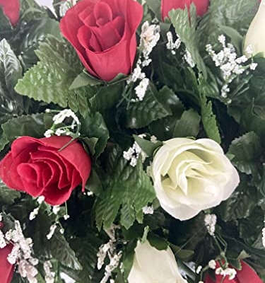 Product: Cemetery Headstone Saddle Flower Arrangement in Red and Cream Roses-Grave Marker Decoration, Sympathy Flowers
