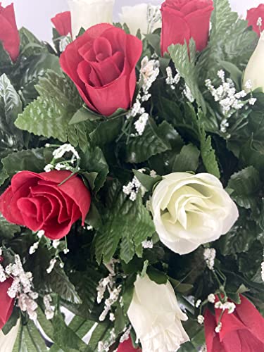 Product: Cemetery Headstone Saddle Flower Arrangement in Red and Cream Roses-Grave Marker Decoration, Sympathy Flowers