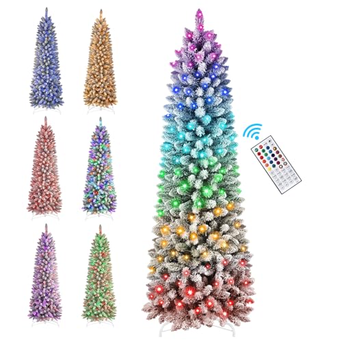 SHareconn 6ft Prelit Snow Flocked Slim Pencil Christmas Tree with Remote RGB Lights - Perfect Holiday Decoration - Artificial Flower Arrangements Product: SHareconn 6ft Prelit Snow Flocked Slim Pencil Christmas Tree with Remote RGB Lights - Perfect Holiday Decoration
