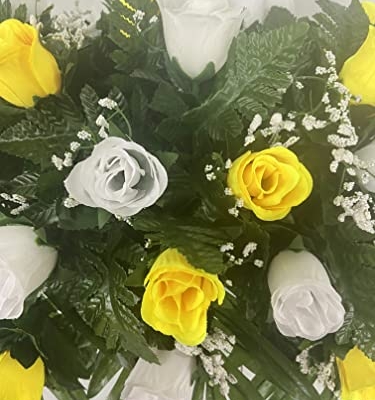 Product: Yellow and White Rose Headstone Saddle for Cemetery Grave Decoration, Summer Flowers for Gravesite, Sympathy Flowers