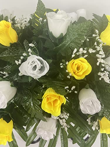Product: Yellow and White Rose Headstone Saddle for Cemetery Grave Decoration, Summer Flowers for Gravesite, Sympathy Flowers