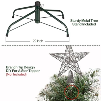 Silky Flower Store 7.5 ft Snow Flocked Artificial Christmas Tree, Pine Cones, 1446 Tips, Hinged Metal Stand, 49 in diameter 13 13 Product: Hykolity 7.5 ft Snow Flocked Artificial Christmas Tree with Pine Cones, 1446 Tips, Metal Stand and Hinged Branches