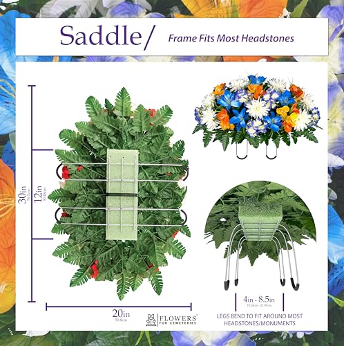 Product: Sympathy Silks 30" Headstone Flower Saddle - Blue Tiger Lily, Orange and Yellow Grave Flowers
