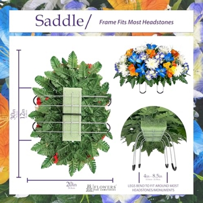 Silky Flower Store Sympathy Silks Artificial Cemetery Flowers, Blue Tiger Lily Purple Hydrangea Orange Alstroemeria, Headstone Saddle Bouquet, 32.5cm 12 12 Product: Sympathy Silks Artificial Cemetery Flowers - graveside Flowers - Blue Tiger Lily, Purple Hydrangea, Orange Alstroemeria - (1) Headstone Flower Saddle & (1) Matching Bouquet