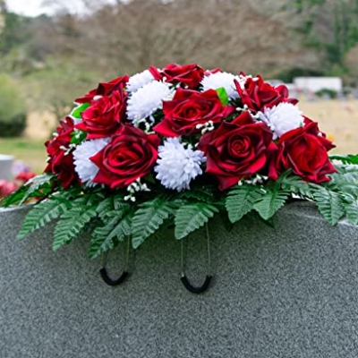 Silky Flower Store Sympathy Silks Artificial Cemetery Flowers, Two Tone Dark Red Rose White Mum Saddle Headstone 20.5cm 13 13 Product: Sympathy Silks Artificial Cemetery Flowers - Realistic - Outdoor Grave Decorations - Non-Bleed Colors, and Easy Fit - Two Tone Dark Red Rose with White Mum Saddle for Headstone