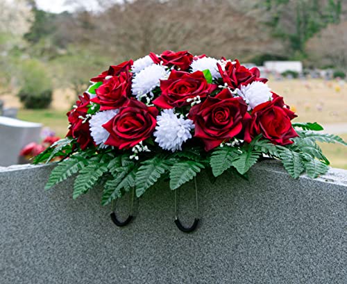 Silky Flower Store Sympathy Silks Artificial Cemetery Flowers, Two Tone Dark Red Rose White Mum Saddle Headstone 20.5cm 4 4 Product: Sympathy Silks Artificial Cemetery Flowers - Realistic - Outdoor Grave Decorations - Non-Bleed Colors, and Easy Fit - Two Tone Dark Red Rose with White Mum Saddle for Headstone