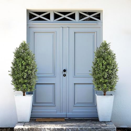 Product: momoplant 2.5FT-30Inch Artificial Plants Tree Shaped Boxwood Topiary Cone Topiaries Bushes Potted Fake Plants Outdoor/Indoor Decor（Set of 2）