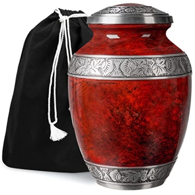 Product: GSM Brands Cremation Urn for Adult Human Ashes - Large Handcrafted Funeral Memorial, Red Color (Aluminum - 9.6 x 6.8)