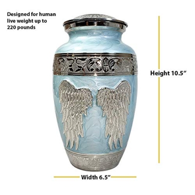 Product: Blue Angel Funeral Cremation Urn, Brass Large Angel Wings Urn with Custom Engraving