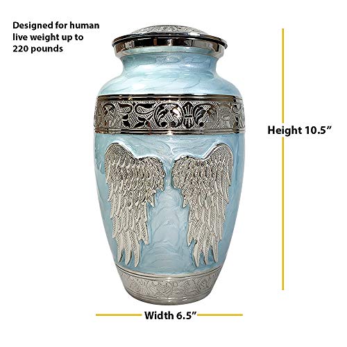 Product: Blue Angel Funeral Cremation Urn, Brass Large Angel Wings Urn with Custom Engraving
