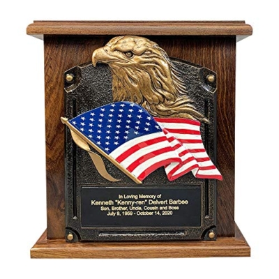 Product: American Flag and Eagle Cremation Urn, Wooden Funeral Urns with Engraving