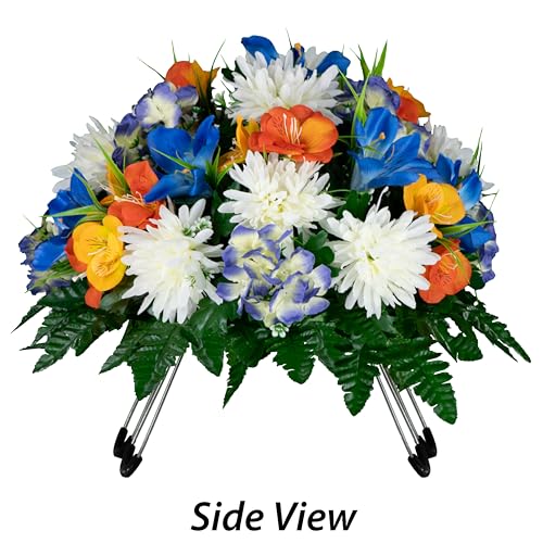 Product: Sympathy Silks 30" Headstone Flower Saddle - Blue Tiger Lily, Orange and Yellow Grave Flowers