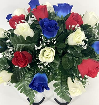 Product: Small Patriotic Cemetery Headstone Saddle Flowers in Red White and Blue Roses for Summer, Memorial Day, Labor Day