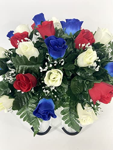 Product: Small Patriotic Cemetery Headstone Saddle Flowers in Red White and Blue Roses for Summer, Memorial Day, Labor Day