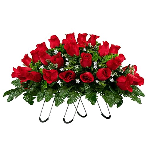 Silky Flower Store Artificial Cemetery Flowers, Sympathy Silks Mothers Day Flowers, 30 Ruby Red Roses Headstone Saddle, 3 to 9 30cm 5 5 Product: Sympathy Silks Artificial Cemetery Flowers - Mothers Day Flowers - 30" Ruby Red Roses Saddle for Headstone Decoration