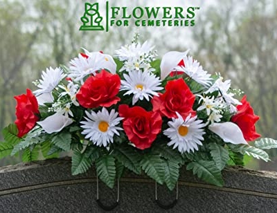 Product: Sympathy Silks Artificial Cemetery Flowers - Realistic - Outdoor Grave Decorations - Non-Bleed Colors, and Easy Fit -White Calla Lily & Daisy with Red Rose Saddle for Headstone