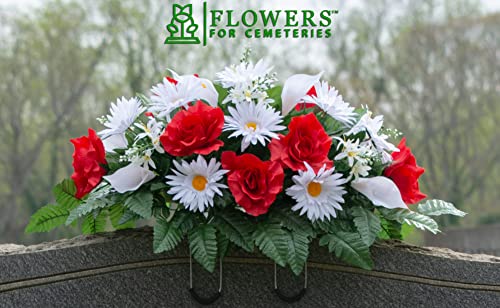 Product: Sympathy Silks Artificial Cemetery Flowers - Realistic - Outdoor Grave Decorations - Non-Bleed Colors, and Easy Fit -White Calla Lily & Daisy with Red Rose Saddle for Headstone