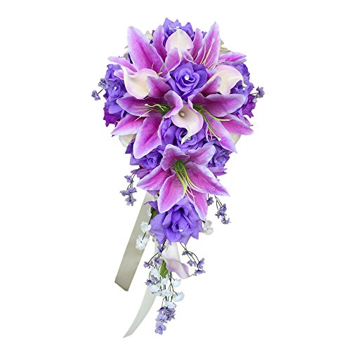 Product: Angel Isabella Cascade Wedding Bouquet - Lavender Ivory Artificial Rose, Lilies with Real Touch Artificial Calla Lily