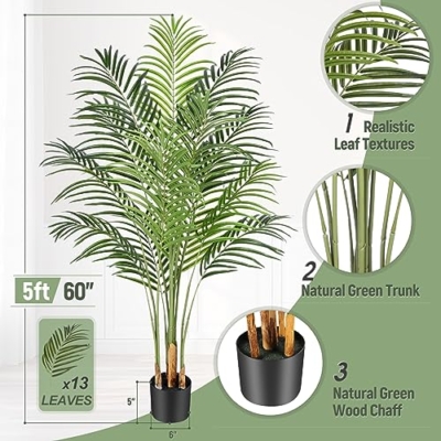 Product: Keeplush 5ft Artificial Palm Tree Indoor Plant Tall Fake Tropical Paradise Palm Tree in Pot with Real Bark Design Faux Areca Palm Tree for Home Office Living Room Bedroom Farmhouse Modern Decor 2pcs