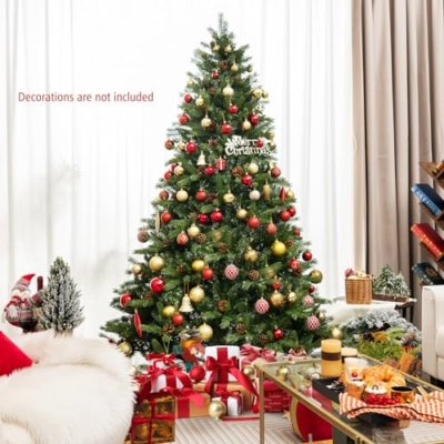 Product: GOFLAME 7FT Pre-Lit Christmas Tree - Quick Shape Artificial Xmas Tree with 700 LED Lights, Remote, Timer & Pine Cones for Holiday Home Office Decor