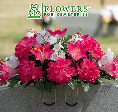 Silky Flower Store Artificial Cemetery Flowers, Pink Purple Dahlia Memorial Saddle for Headstone, Weatherproof Faux Grave Flowers 20.5cm 12 12 Product: Sympathy Silks Artificial Cemetery Flowers - Realistic - Outdoor Grave Decorations - Non-Bleed Colors, and Easy Fit - Pink Purple Dahlia Mix Saddle for Headstone