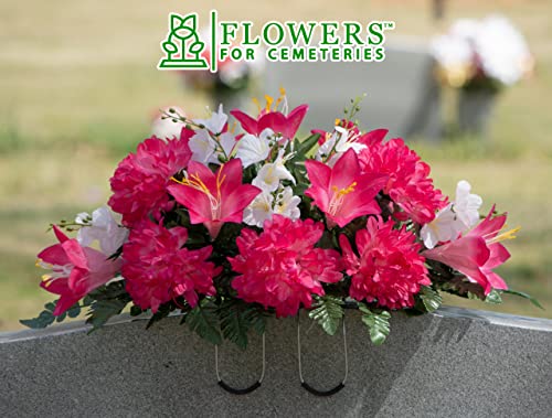 Silky Flower Store Artificial Cemetery Flowers, Pink Purple Dahlia Memorial Saddle for Headstone, Weatherproof Faux Grave Flowers 20.5cm 3 3 Product: Sympathy Silks Artificial Cemetery Flowers - Realistic - Outdoor Grave Decorations - Non-Bleed Colors, and Easy Fit - Pink Purple Dahlia Mix Saddle for Headstone