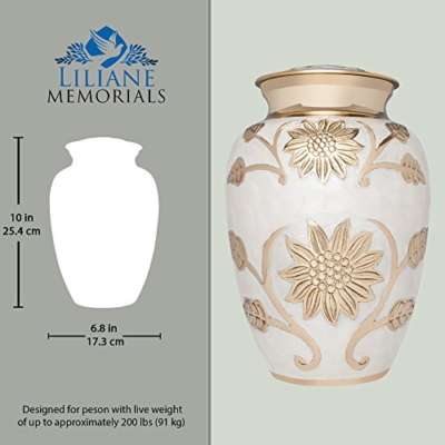 Silky Flower Store White and Gold Brass Funeral Urn, Liliane Memorials Rose Lisette, Handcrafted Memorial Ashes Keepsake 10.2in 8 8 Product: White and Gold Flower Funeral Urn by Liliane Memorials - Cremation Urn for Human Ashes - Brass- Suitable for Cemetery Burial or Niche- Large Size for Adults up to 200 lbs - Rose Lisette