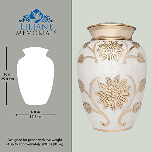 Silky Flower Store White and Gold Brass Funeral Urn, Liliane Memorials Rose Lisette, Handcrafted Memorial Ashes Keepsake 10.2in 3 3 Product: White and Gold Flower Funeral Urn by Liliane Memorials - Cremation Urn for Human Ashes - Brass- Suitable for Cemetery Burial or Niche- Large Size for Adults up to 200 lbs - Rose Lisette