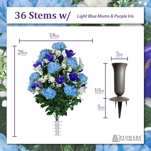 Product: Sympathy Silks Artificial Cemetery Flowers - Gravesite Flowers - Light Blue Mums and Purple Iris - (1) Bouquet (1) Cemetery Vase