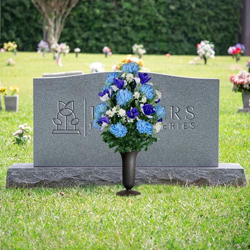 Product: Sympathy Silks Artificial Cemetery Flowers - Gravesite Flowers - Light Blue Mums and Purple Iris - (1) Bouquet (1) Cemetery Vase