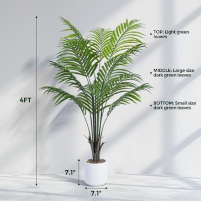 Silky Flower Store Artificial Areca Palm Tree, Faux Silk Tropical Potted Plant, 4FT White Pot, Real Bark Design, 12 Trunks 4FT 11 11 Product: Artificial Areca Palm Tree 4FT Fake Potted Plant Faux Silk Tropical Areca Palm with 12 Trunks & Real Bark Design, Large Aritificial Plant in White Pot for Home Living Room House Warmming Floor Decor