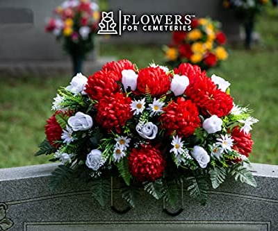 Product: Sympathy Silks Artificial Cemetery Flowers - Outdoor Grave Decorations - Christmas Decor - 1 Red Mum and White Rose Saddle for Headstone