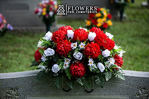 Product: Sympathy Silks Artificial Cemetery Flowers - Outdoor Grave Decorations - Christmas Decor - 1 Red Mum and White Rose Saddle for Headstone