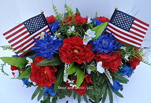 Product: Summer Patriotic Cemetery Flowers with Red Roses, Blue Spider Mums, Blue Roses, and White Forget-me-nots headstone saddle arrangement