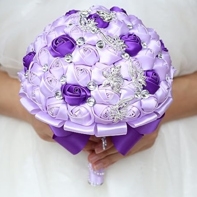 Product: Sharebeauty 9.4" Handmade Satin Rose Bridal Bouquet Toss Round Wedding Bouquet Throw Toss Artificial Flower Bunch Light Purple + Purple