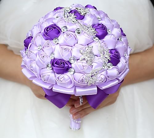 Product: Sharebeauty 9.4" Handmade Satin Rose Bridal Bouquet Toss Round Wedding Bouquet Throw Toss Artificial Flower Bunch Light Purple + Purple