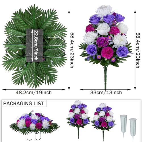Product: XONOR Artificial Headstone Flower Saddles for Graves, Cemetery Memorial Flowers for Outdoor Tombstone Decorations, Artificial Peony Rose Flowers Saddle (Purple&White, 1 Saddle 2 Bouquets)