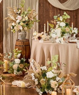 Silky Flower Store Artificial Flower Arrangements, Fall Wedding Decor, 17.5in Tall, Set of 4 8 8 Product: Ling's Moment 17.5" Tall Standing Artificial Flowers Arrangements 4pcs Fall Wedding Aisle Runner Chair Decorations Emerald & Tawny Beige Centerpieces for Ceremony Reception Rose Floral Party Outdoor