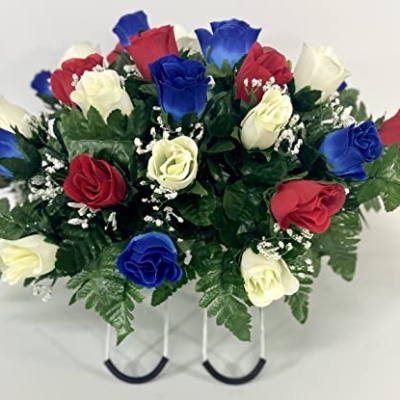 Product: Small Patriotic Cemetery Headstone Saddle Flowers in Red White and Blue Roses for Summer, Memorial Day, Labor Day